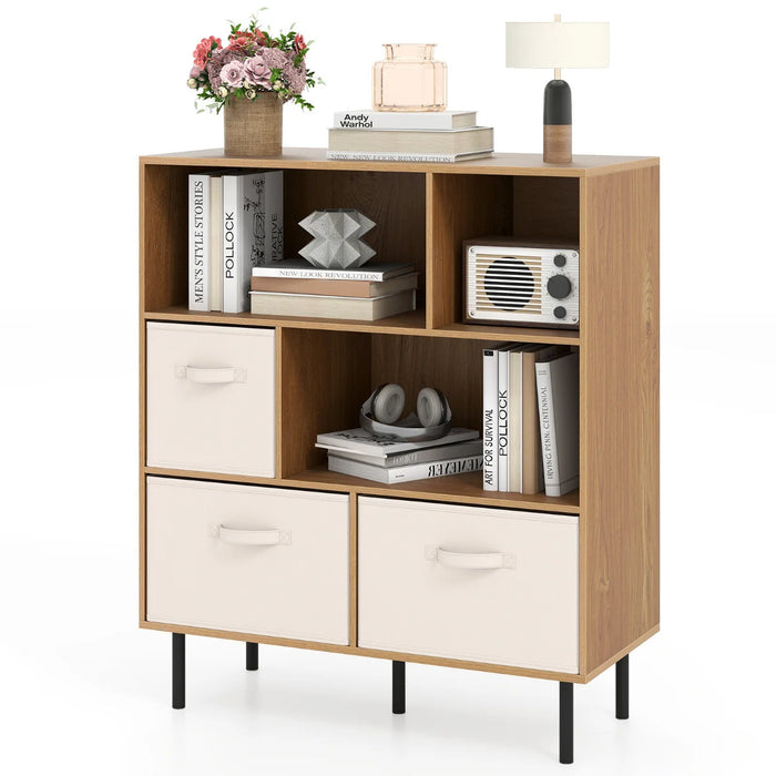 3-Tier Bookcase with 3 Removable Folding Fabric Drawers-White