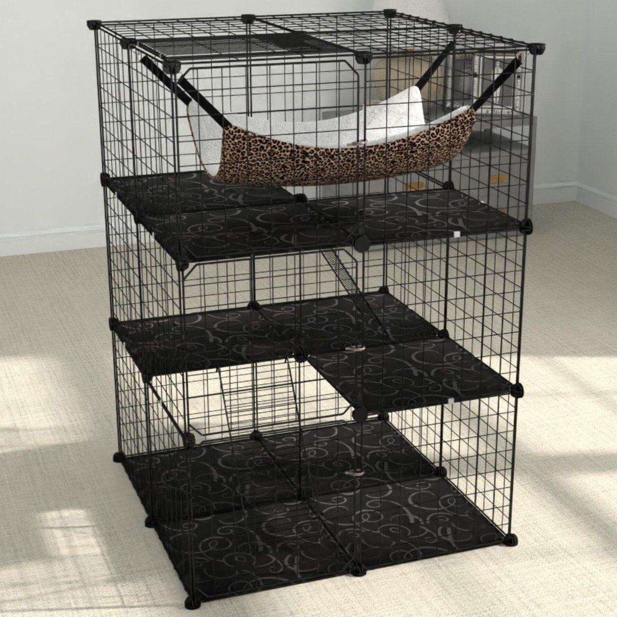 3-Tier Cat Enclosure Large Cat Cage with Comfy Hammock-Black