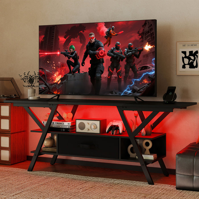 3-Tier Entertainment Center with LED Lights and Power Outlets-Rustic Brown