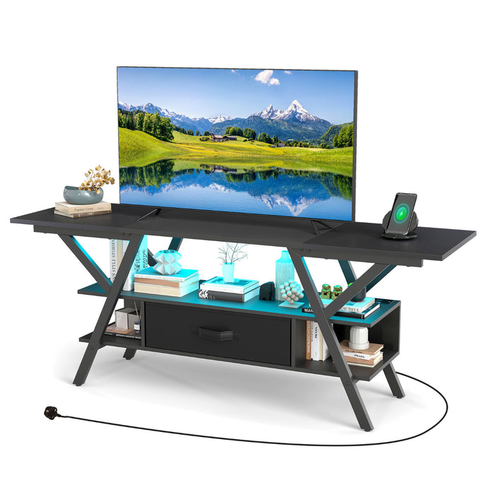 3-Tier Entertainment Center with LED Lights and Power Outlets-Rustic Brown