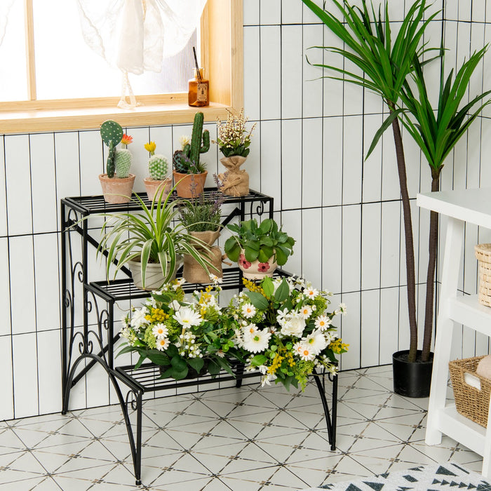 3 Tiers Ladder Flower Pots Holder with Grid Shelves-Black