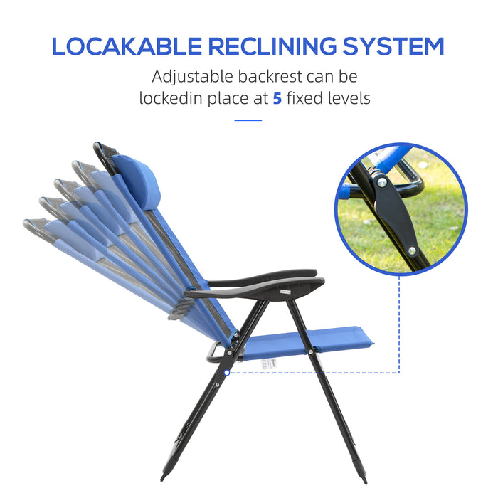 Outsunny Folding Garden Chairs Set of 2, 5-Position Recliner Camping Chair with High Back, All Weather Texteline Seat, Portable Outdoor Dining Chairs with Headrests for Patio, Picnic, Blue