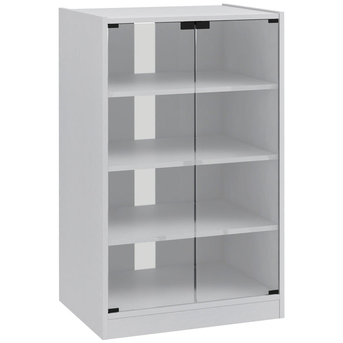 HOMCOM 4-Tier Hi-Fi Stand,  Record Player Stand with Adjustable Shelves and Push-to-Open Glass Doors, White Wood-Effect