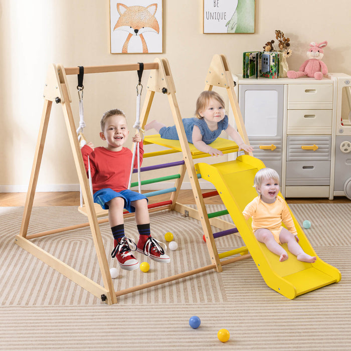 3-in-1 Foldable Indoor Jungle Gym Wooden Climbing Toys with Swing-