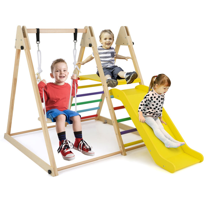 3-in-1 Foldable Indoor Jungle Gym Wooden Climbing Toys with Swing-
