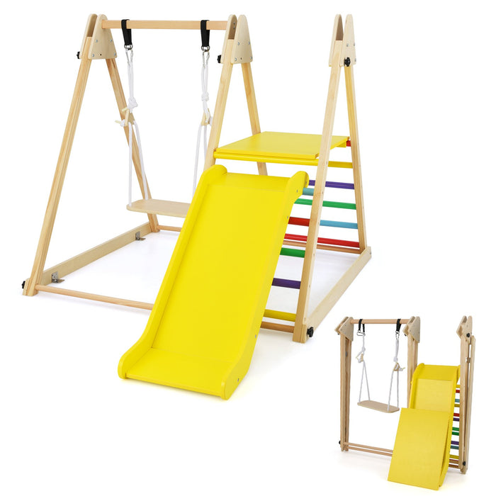 3-in-1 Foldable Indoor Jungle Gym Wooden Climbing Toys with Swing-