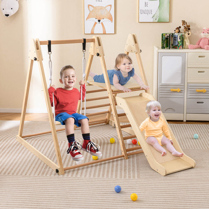 3-in-1 Foldable Indoor Jungle Gym Wooden Climbing Toys with Swing-