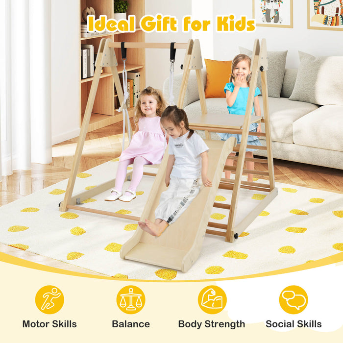 3-in-1 Foldable Indoor Jungle Gym Wooden Climbing Toys with Swing-