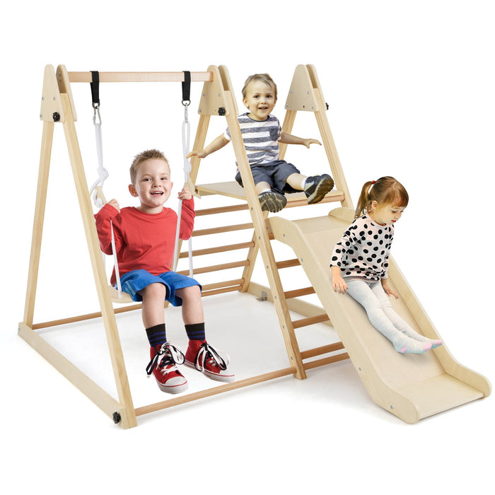 3-in-1 Foldable Indoor Jungle Gym Wooden Climbing Toys with Swing-