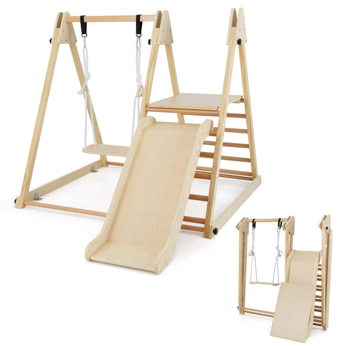 3-in-1 Foldable Indoor Jungle Gym Wooden Climbing Toys with Swing-