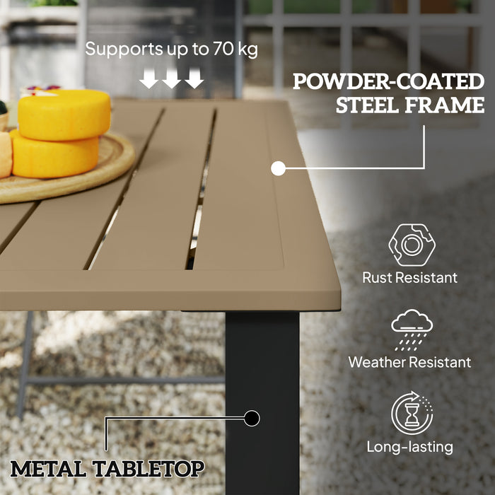 Outsunny Garden Dining Table for 6 with Parasol Hole, Rectangle Outdoor Garden Table with Slatted Metal Top, Steel Frame, Brown