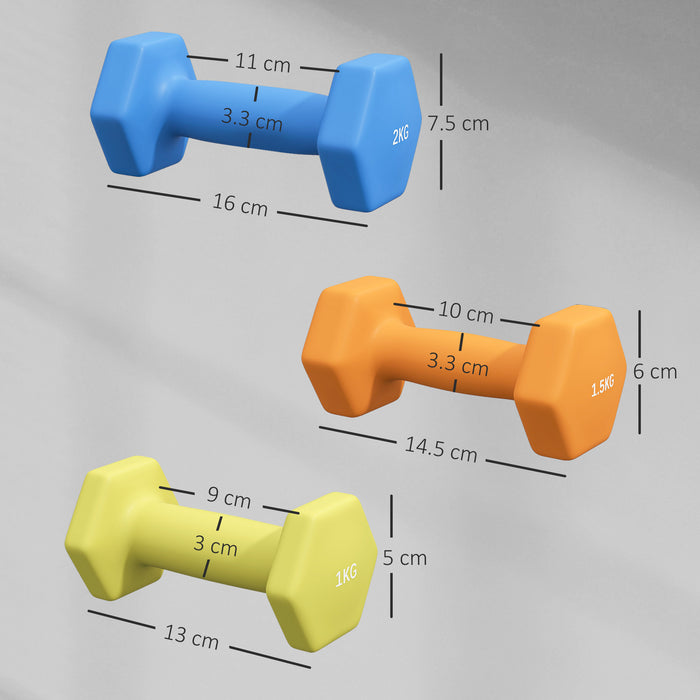 SPORTNOW 2 x 1kg, 2 x 1.5kg and 2 x 2kg Hexagonal Dumbbells Weights Set with Non-Slip Grip for Home Gym Workout