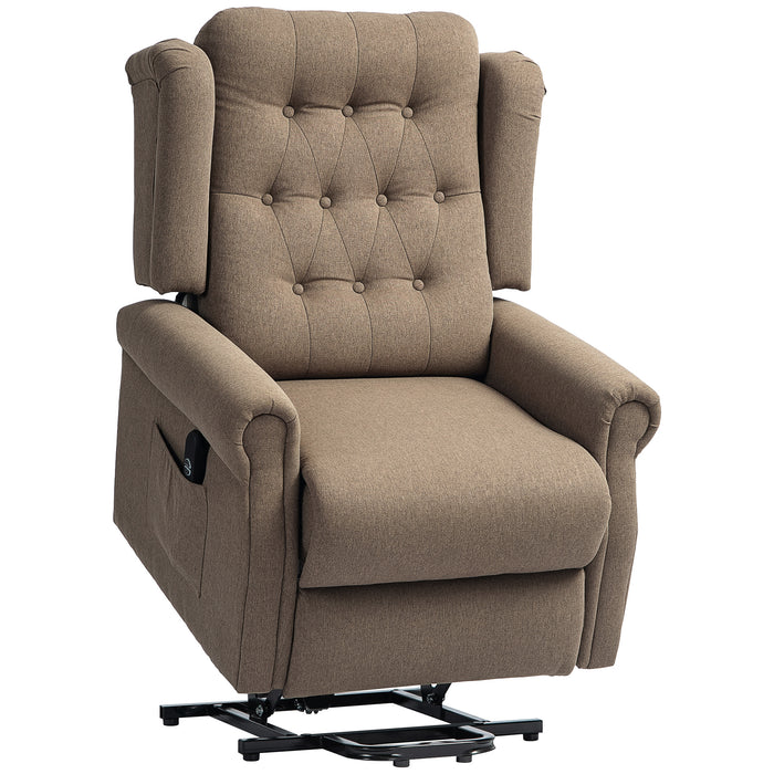HOMCOM Power Lift Recliner Chair, Wingback Button Tufted Electric Lift Chair for Elderly, Fabric Riser and Reclining Armchair with Remote Control, Side Pockets, for Living Room, Dark Brown