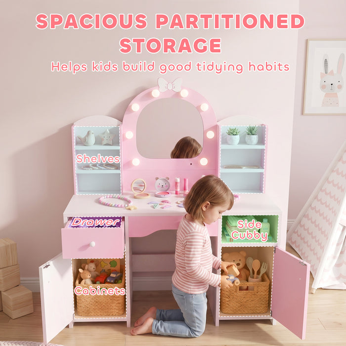 AIYAPLAY Kids Vanity Set, Girls Dressing Table with Stool, 2-Colour Lights Mirror, Cabinet, Drawer and Shelves, Pink