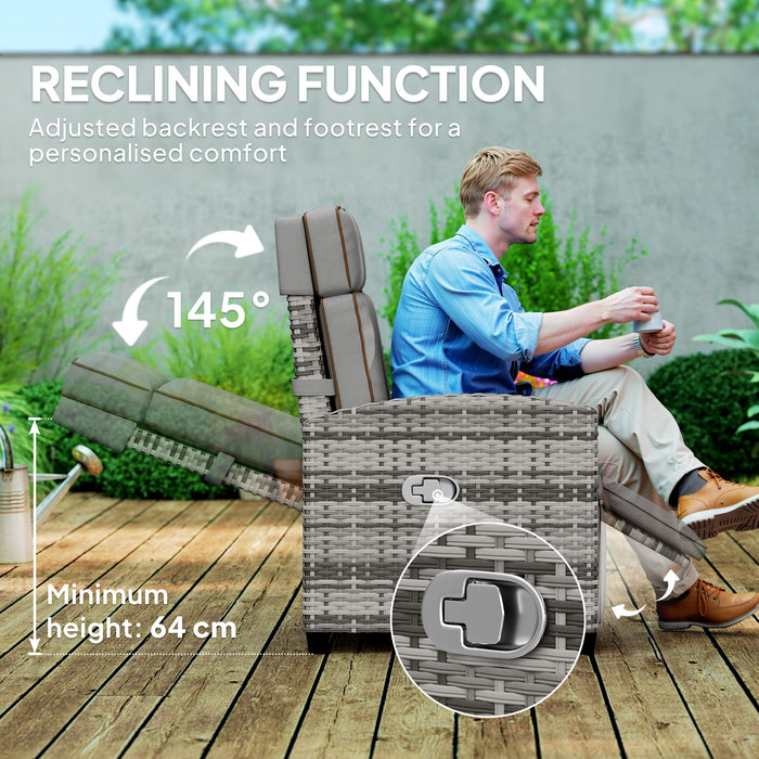 Outsunny Rattan Garden Recliner Chair, Adjustable Backrest Reclining Rattan Chair with Flip Table, Cushion and Footrest, Indoor Outdoor Lounge Reclining Sun Lounger for Patio, Mixed Grey/Grey