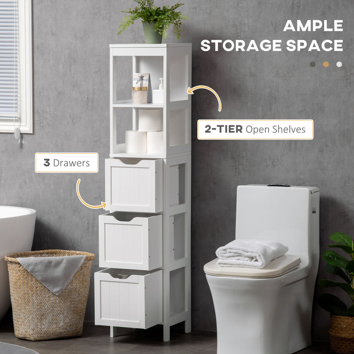 HOMCOM Narrow Floor Cabinet, Bathroom Cabinet with 3 Drawers and 2 Open Shelves, 30W x 30D x 141.6Hcm, White