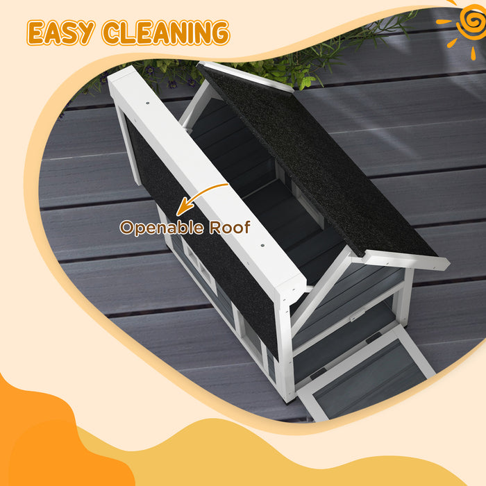 Wooden Feral Cat Shelter with Waterproof Asphalt Roof - Tri-Door Outdoor Cat Hideaway House, 77x57.5x68cm, Grey - Ideal for Stray & Feral Cats Sanctuary