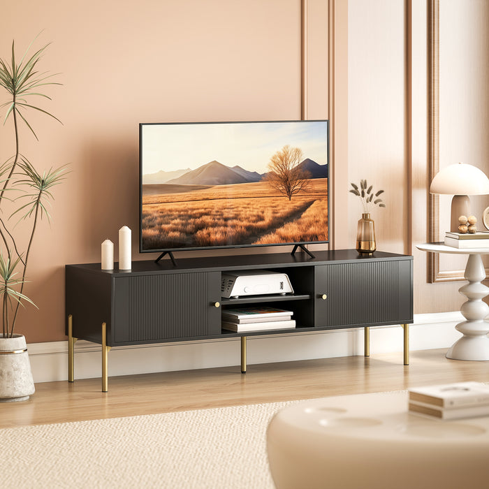 HOMCOM TV Stand for TVs up to 65", Entertainment Center with 2 Open Shelves, 2 Cabinets and Steel Legs for Living Room, Black