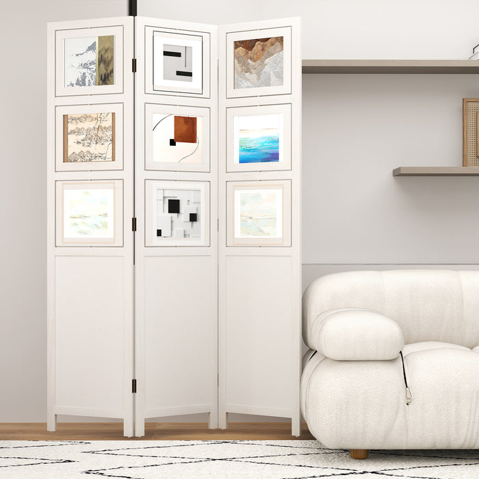 4-Panel Faux Linen Room Divider with Storage Bags Folding Privacy Screen-