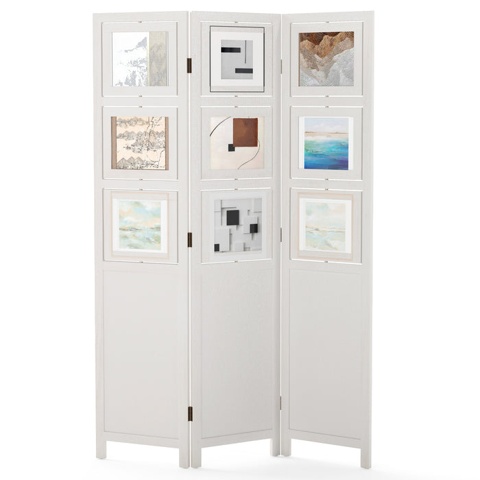 4-Panel Faux Linen Room Divider with Storage Bags Folding Privacy Screen-