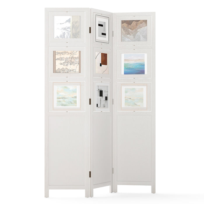 4-Panel Faux Linen Room Divider with Storage Bags Folding Privacy Screen-