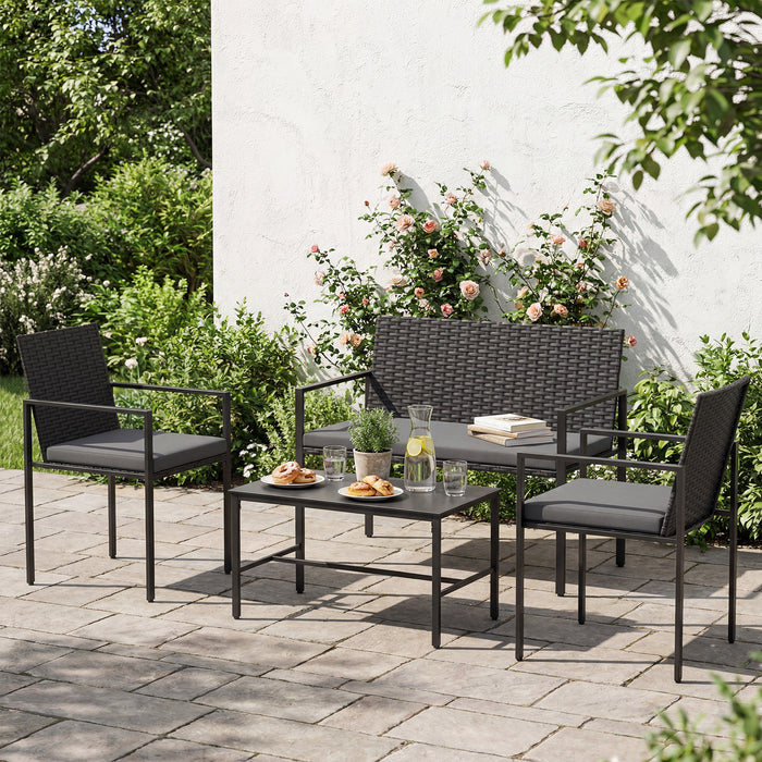 4-Piece Outdoor Rattan Chairs and Loveseat with Tempered Glass Coffee Table for Backyard-