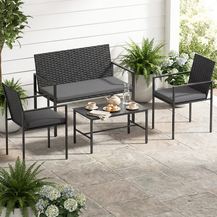 4-Piece Outdoor Rattan Chairs and Loveseat with Tempered Glass Coffee Table for Backyard-