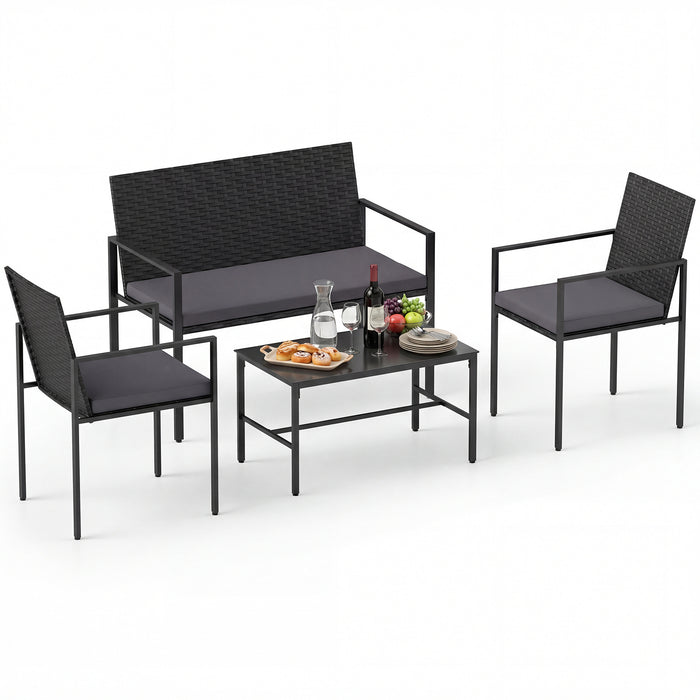 4-Piece Outdoor Rattan Chairs and Loveseat with Tempered Glass Coffee Table for Backyard-