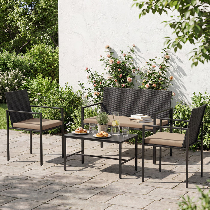 4-Piece Outdoor Rattan Chairs and Loveseat with Tempered Glass Coffee Table for Backyard-