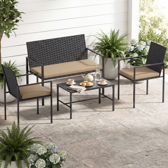 4-Piece Outdoor Rattan Chairs and Loveseat with Tempered Glass Coffee Table for Backyard-