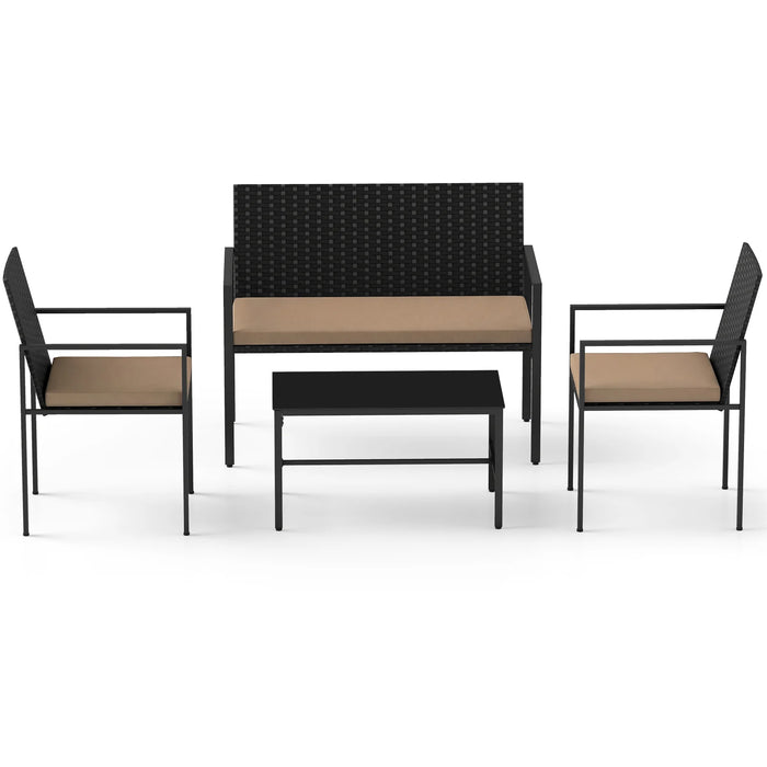 4-Piece Outdoor Rattan Chairs and Loveseat with Tempered Glass Coffee Table for Backyard-