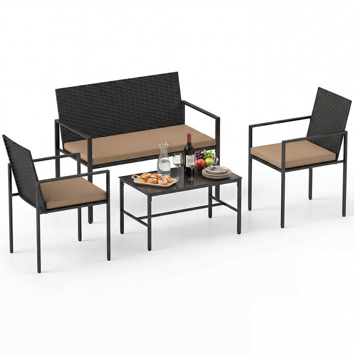 4-Piece Outdoor Rattan Chairs and Loveseat with Tempered Glass Coffee Table for Backyard-