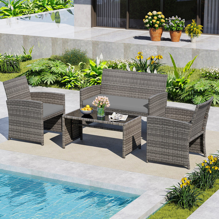4 Piece Patio Conversation Set Rattan Chair Loveseat and Table Set with Seat Cushions-
