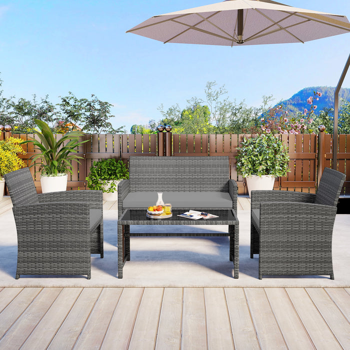 4 Piece Patio Conversation Set Rattan Chair Loveseat and Table Set with Seat Cushions-