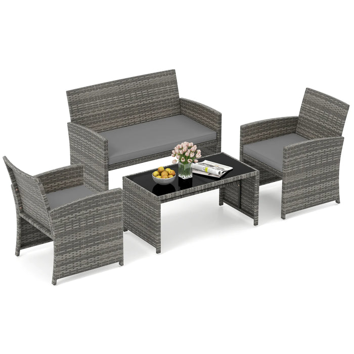 4 Piece Patio Conversation Set Rattan Chair Loveseat and Table Set with Seat Cushions-