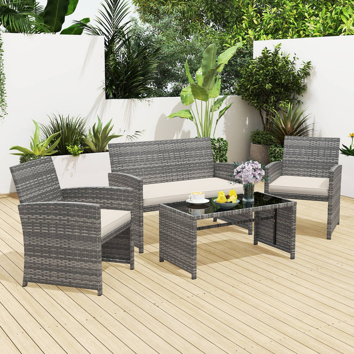 4 Piece Patio Conversation Set Rattan Chair Loveseat and Table Set with Seat Cushions-