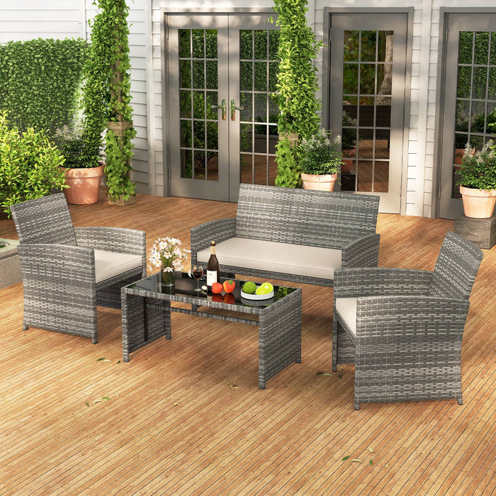 4 Piece Patio Conversation Set Rattan Chair Loveseat and Table Set with Seat Cushions-