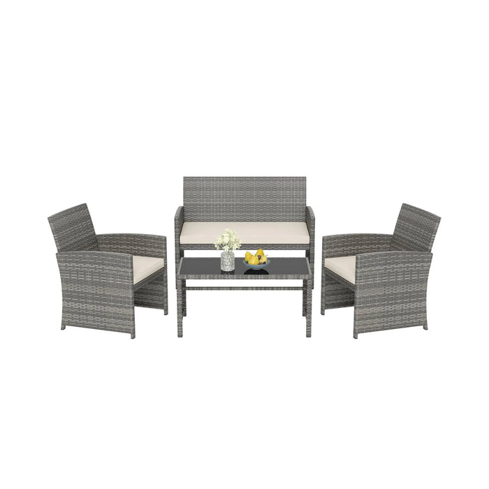 4 Piece Patio Conversation Set Rattan Chair Loveseat and Table Set with Seat Cushions-