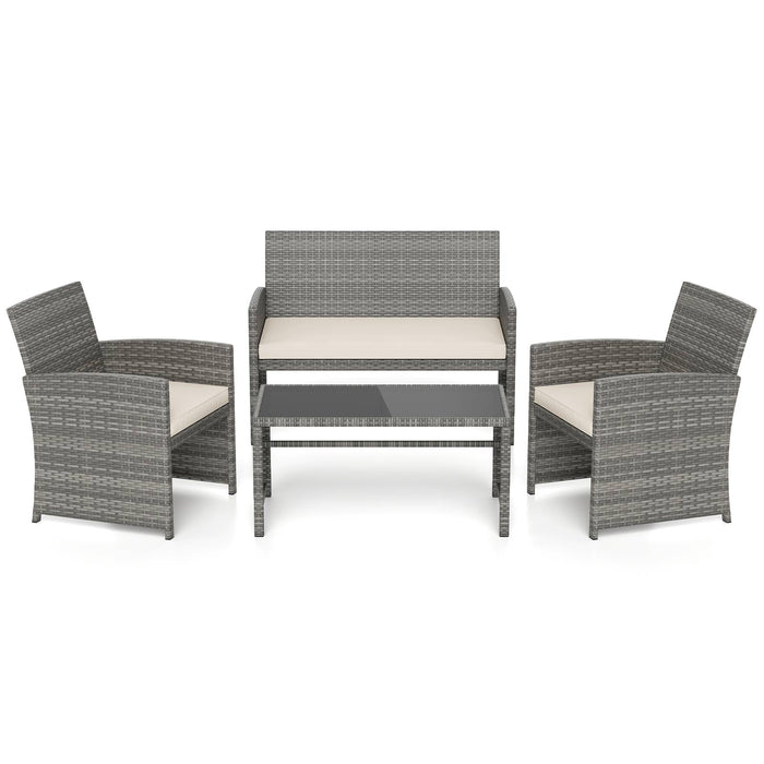 4 Piece Patio Conversation Set Rattan Chair Loveseat and Table Set with Seat Cushions-