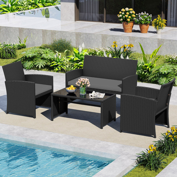 4 Piece Patio Rattan Conversation Set Wicker Loveseat Armchairs-