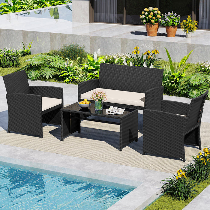 4 Piece Patio Rattan Conversation Set Wicker Loveseat Armchairs-