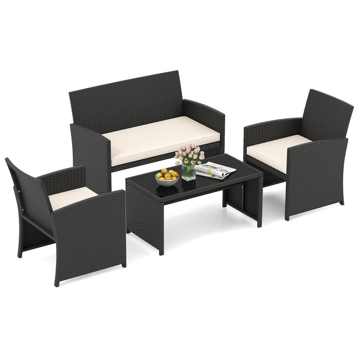 4 Piece Patio Rattan Conversation Set Wicker Loveseat Armchairs-