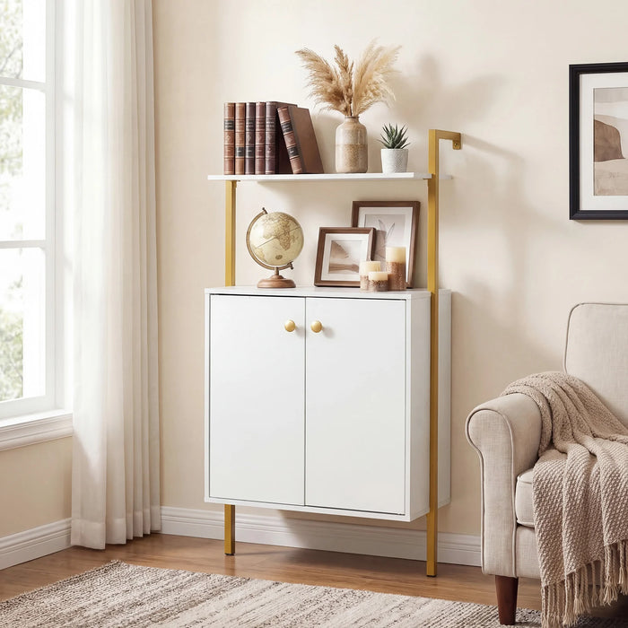 4-Tier Bookshelf with Double-Door Cabinet and Heavy-Duty Metal Frame-White