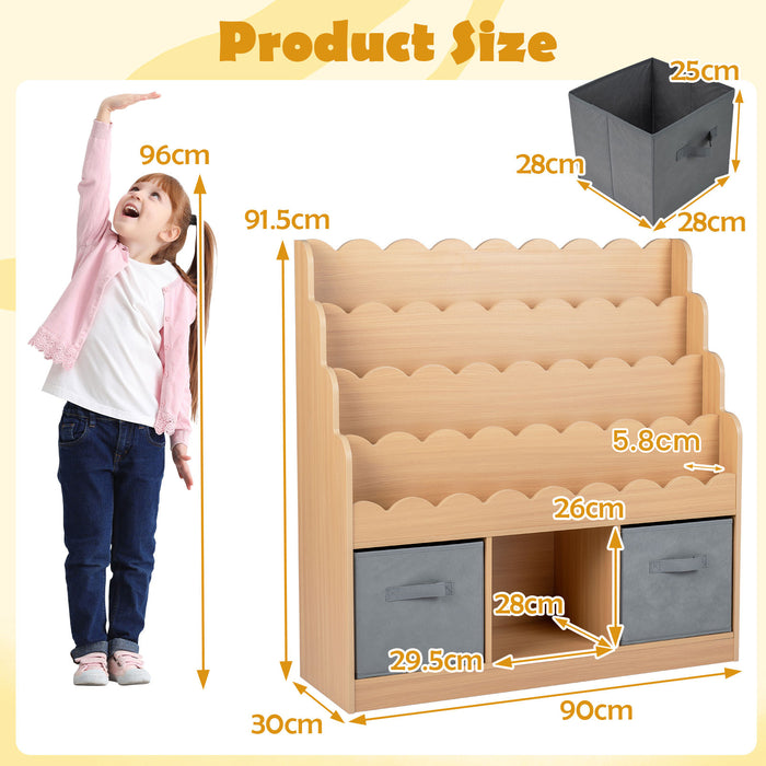 4-Tier Kids Bookshelf and Toy Storage with 2 Foldable Fabric Drawers-Natural