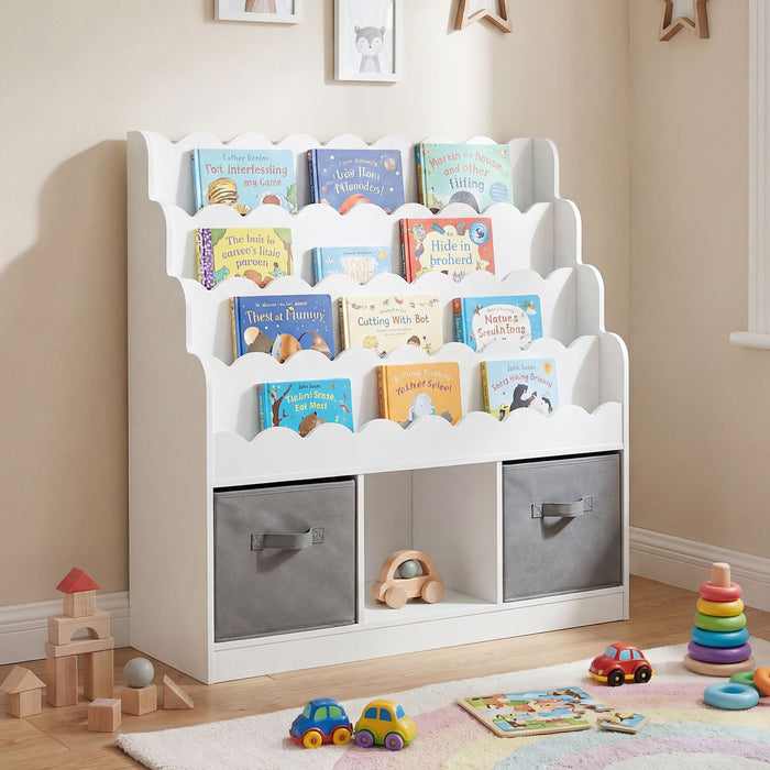 4-Tier Kids Bookshelf and Toy Storage with 2 Foldable Fabric Drawers-Natural