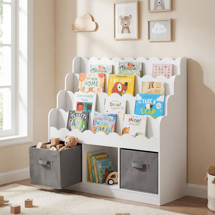 4-Tier Kids Bookshelf and Toy Storage with 2 Foldable Fabric Drawers-Natural