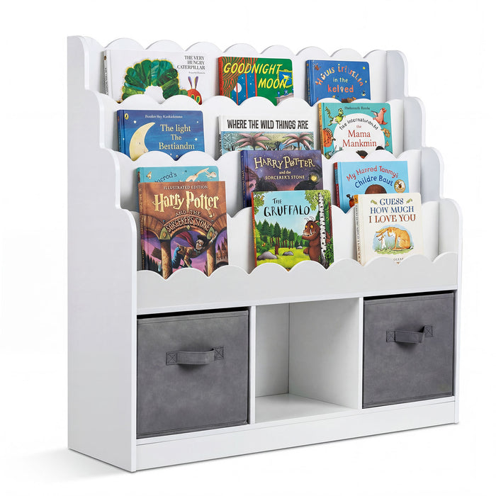 4-Tier Kids Bookshelf and Toy Storage with 2 Foldable Fabric Drawers-Natural