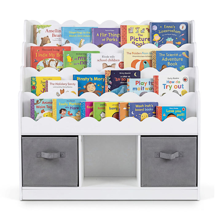 4-Tier Kids Bookshelf and Toy Storage with 2 Foldable Fabric Drawers-Natural