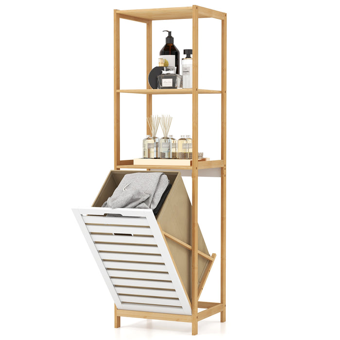 4-Tier Bamboo Tilt-Out Laundry Hamper with Storage Shelves-Natural