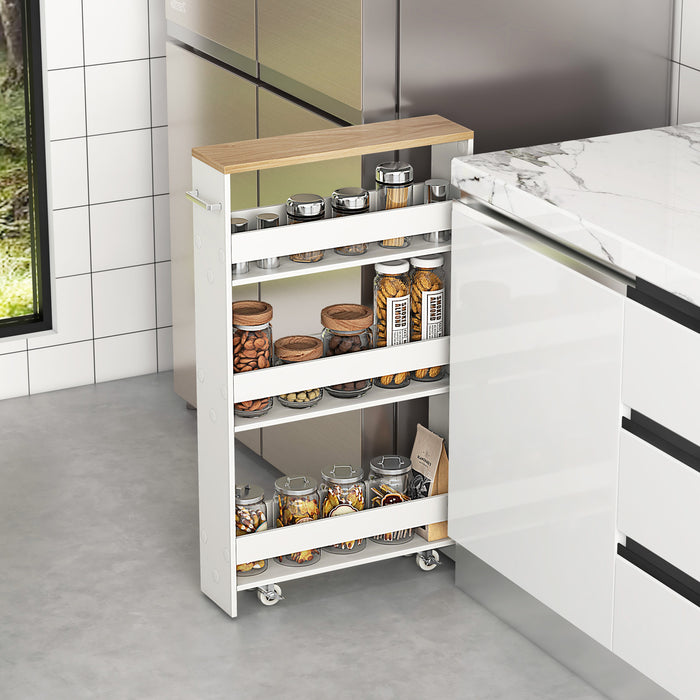 4-Tier Slim Storage Cart - Open Shelf Storage on Wheels, Natural Finish - Ideal for Space-Conscious Organizers